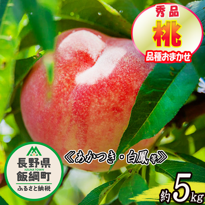 0055]【令和4年度出荷分】 桃 約5kg【品種おまかせ】「白鳳」・「あかつき」・「なつっこ」のうちいずれか1種類 秀品 光センサー選別品 ※配送先は本州限定  ※日時指定および不在指定不可 長野県飯綱町 / 長野県飯綱町 | セゾンのふるさと納税