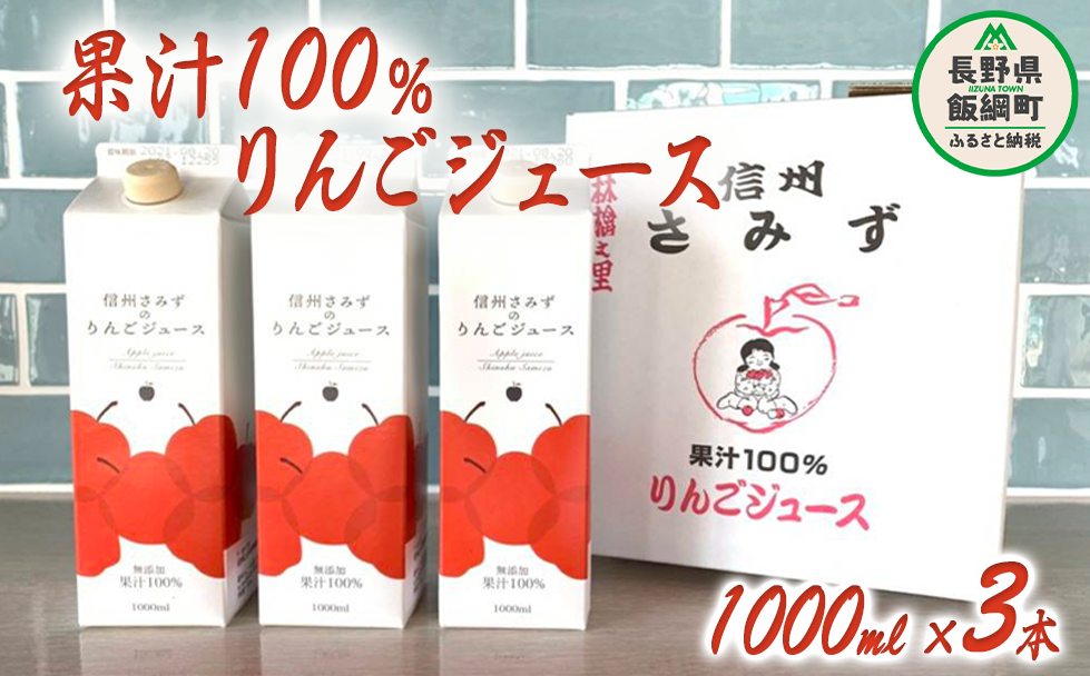 りんごジュース 1000ml × 3本 無添加 果汁100% 信州りんご☆小山園