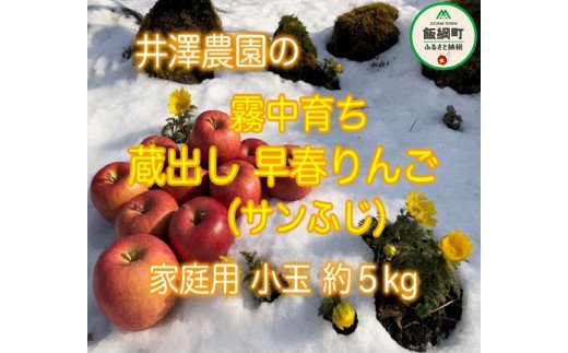 [0650]【令和4年度収穫分】霧中育ち 蔵出し早春りんご＜サンふじ＞ 家庭用（小玉）5kg　※沖縄および離島への配送不可　 ※2023年3月上旬頃から順次発送予定　井澤農園　エコファーマー認定　減農薬栽培　化学肥料不使用　飯綱町川上大窪谷|井澤農園