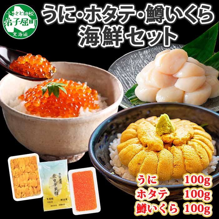 1749. うに チリ産 冷凍 100g 鱒いくら醤油漬け 100g ホタテ 100g セット ウニ 雲丹 いくら イクラ ますいくら ほたて 帆立  海鮮 海鮮丼 三色丼 送料無料 北海道 弟子屈町|加藤水産