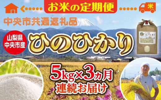 山梨県市川三郷町のふるさと納税  【中央市共通返礼品】お米 定期便3カ月・中央市産お米（ひのひかり）5kg×3カ月 [5839-1667]