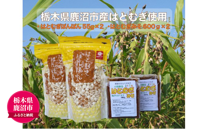 【栃木県鹿沼市】はとむぎ みそ・はとむぎ ぽんぽん詰合せ はとむぎ みそ600g×2 はとむぎ ぽんぽん 55g×2 味噌 みそ お菓子 スナック 駄菓子 伝統菓子
