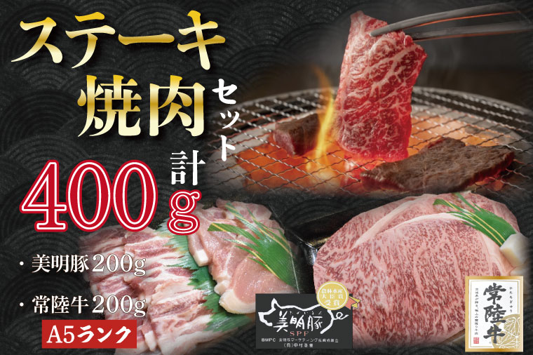 【茨城県行方市】DT-37【常陸牛A5ランク・美明豚ステーキ焼肉セット】常陸牛サーロイン200g+美明豚200g(ロース100g・ばら100g)