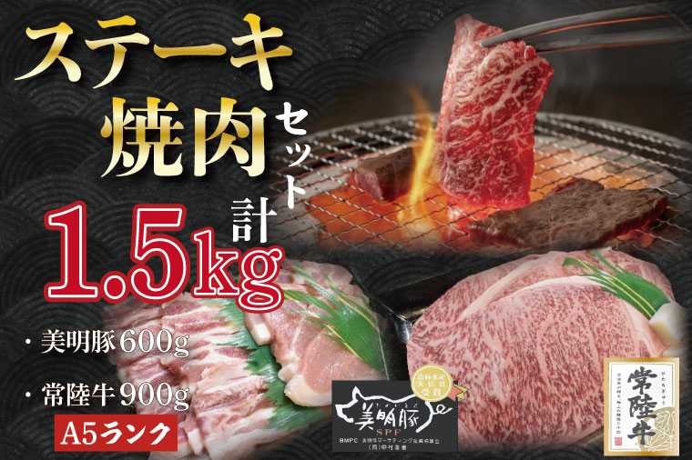 【茨城県行方市】DT-39【常陸牛A5ランク・美明豚ステーキ焼肉セット】常陸牛サーロイン900g(300g×3枚)+美明豚600g(ロース300g・ばら300g)