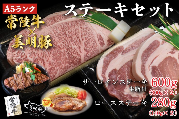 【茨城県行方市】DT-23【常陸牛A5ランク・美明豚ステーキセット】常陸牛サーロインステーキ600g(300g×2枚)+美明豚ロースステーキ280g(140g×2枚)