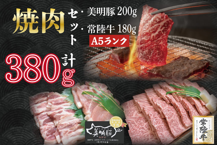 【茨城県行方市】DT-25【常陸牛A5ランク・美明豚焼肉セット】常陸牛カルビ180g+美明豚200g(ロース100g・ばら100g)