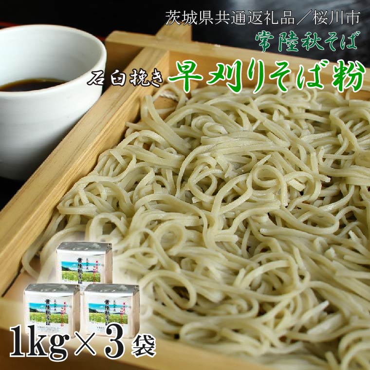 【茨城県行方市】【茨城県共通返礼品/桜川市】【常陸秋そば】石臼挽き早刈りそば粉 1kg×3袋入|そば そば粉 常陸秋そば 茨城県共通返礼品 桜川市 年越しそば 茨城県 行方市(DX-28)