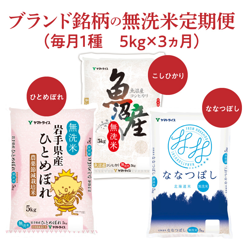 ふるさと納税　H074-407　ブランド銘柄の無洗米定期便（毎月1種　5kg×3ヵ月）〜コシヒカリ、ひとめぼれ、ななつぼし〜　愛知県碧南市