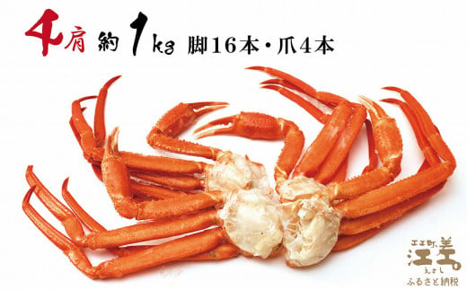 北海道江差町のふるさと納税 『北海道北前蟹』肩付き脚 4肩 約1kg（殻付き）　北海道日本海産紅ずわいがに　カニかご漁師直販！厳格な鮮度管理で甘くてジューシーな本場の味をお届け　丁寧に茹であげ急速冷凍　北海道産べにずわいがに