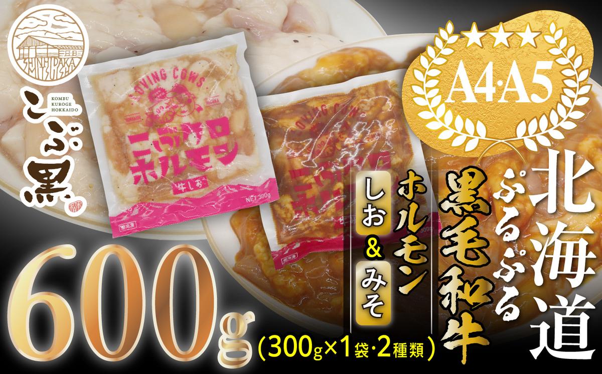 【北海道新ひだか町】北海道産 黒毛和牛 こぶ黒 和牛 しお & みそ ホルモン 計 600g (各300g) <LC>