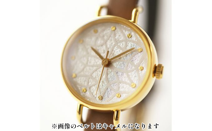 【東京都墨田区】すみだ北斎美術館オリジナル 北斎 新形小紋帳 輪ちがい麻の葉 腕時計レディース ゴールド ファッション小物 シンプル デザイン 伝統素材 手作業 7mm幅 女性標準サイズ