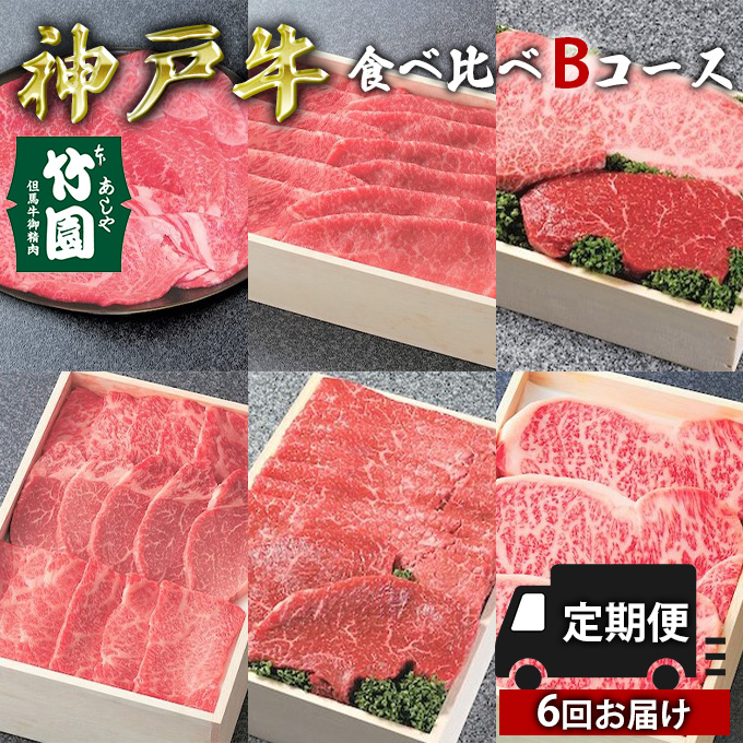 定期便 神戸牛 食べ比べBコース（6回お届け）[ 肉 牛肉 すき焼き しゃぶしゃぶ 焼肉 ステーキ ]|株式会社竹園（あしや竹園）