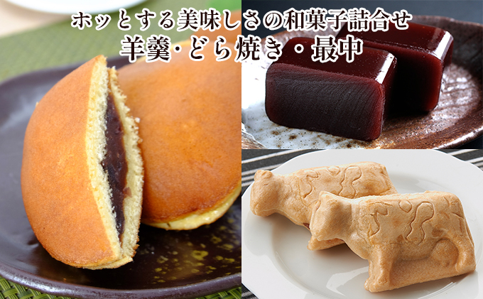 北海道佐呂間町のふるさと納税 ホッとする美味しさ 和菓子3種詰合せ（羊羹・どら焼き・最中）【御菓子司 大月】 北海道 オホーツク 佐呂間町 ようかん どらやき モナカ もなか あんこ 餡 スイーツ お菓子