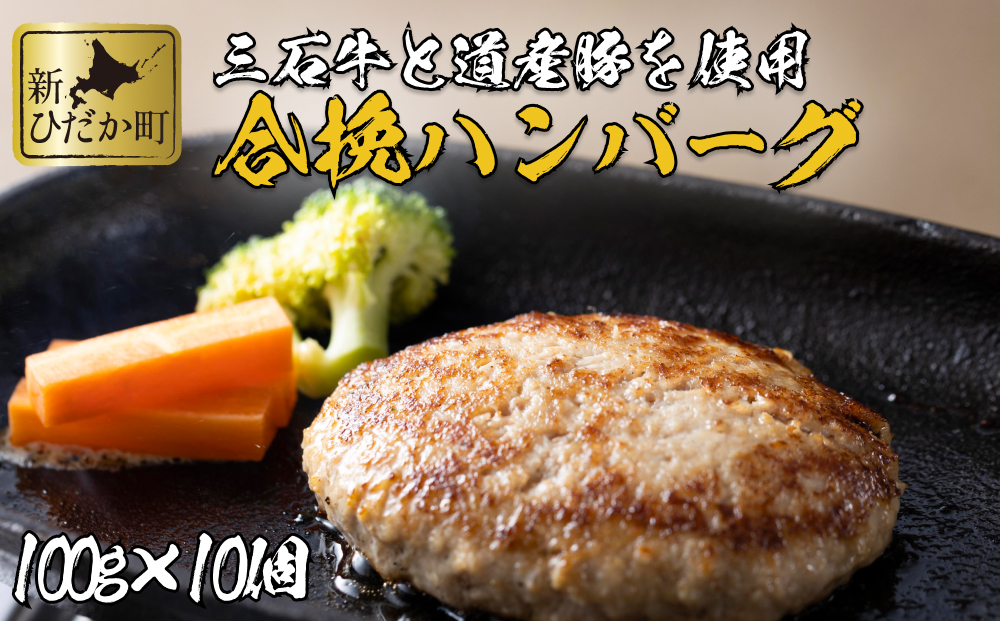 【北海道新ひだか町】北海道産 黒毛和牛 みついし牛 と 道産豚 ハンバーグ 計 1kg ( 100g × 10個 )