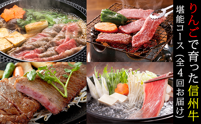 【長野県山ノ内町】定期便 4ヶ月 【月1贅沢お肉の日!】りんごで育った信州牛堪能コース 4回お届け 【 牛肉 信州牛 焼肉 サーロインステーキ しゃぶしゃぶ すき焼き A5 A4 肉 お肉 牛 和牛 サーロイン ステーキ セット 定期 お楽しみ 4回 】