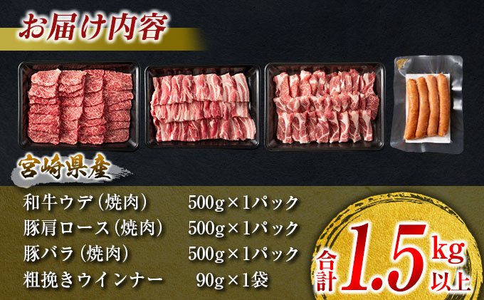 宮崎県日南市のふるさと納税 数量限定 牛肉 豚肉 食べ比べ パクパク 焼肉 セット 粗挽き ウインナー 合計1.5kg以上 肉 牛 豚 国産 おかず 食品 人気 送料無料_CD50-23