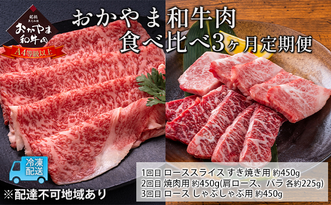 【岡山県赤磐市】定期便 3ヶ月 おかやま A4等級以上 和牛肉 食べ比べ 毎月 約450g×3回 岡山県産 牛 赤身 肉 牛肉 冷凍 ロース 肩ロース バラ すき焼き用 焼肉用 しゃぶしゃぶ用 おうち焼肉 夕飯 食材