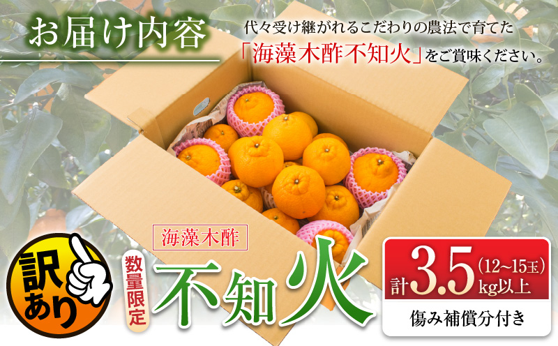 宮崎県日南市のふるさと納税 先行予約 訳あり 数量限定 海藻木酢 不知火 計3.5kg以上 傷み補償分付き 期間限定 フルーツ 果物 くだもの 柑橘 みかん 訳アリ 国産 食品 デザート おやつ おすそ分け おすすめ ご家庭用 ご自宅用 B品 傷 マーマレード 産地直送 宮崎県 日南市 送料無料_ZZV1-24