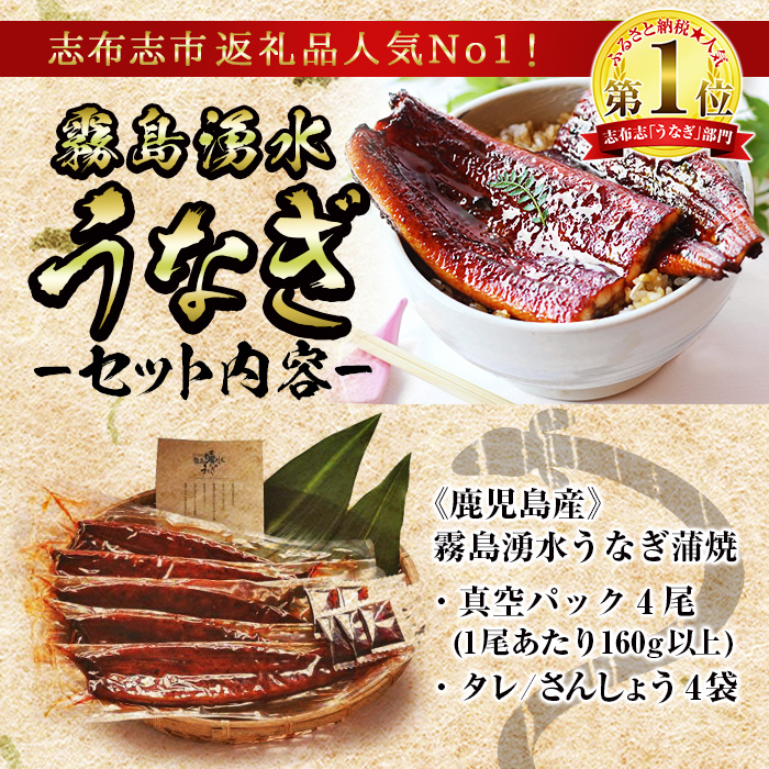 鹿児島県志布志市のふるさと納税 【志布志市人気No.1お礼の品】霧島湧水鰻の蒲焼き 160g以上×4尾＜計640g以上＞ b5-178