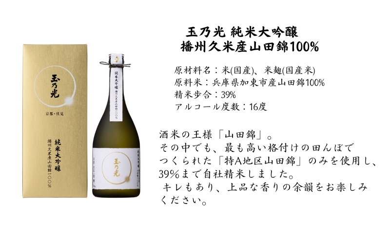 玉乃光 純米大吟醸 播州久米産 山田錦 100% 720ml 化粧箱入 加東