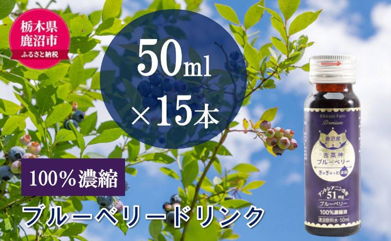 【栃木県鹿沼市】無添加 砂糖不使用 のぎゅぎゅっと 100% 濃縮 ブルーベリードリンク 3箱 (50ml×15本) 果汁飲料 野菜飲料 ブルーベリージュース 美味しい 濃縮し 高糖度 添加物 安全 安心 アントシアニン 手軽 飲み物