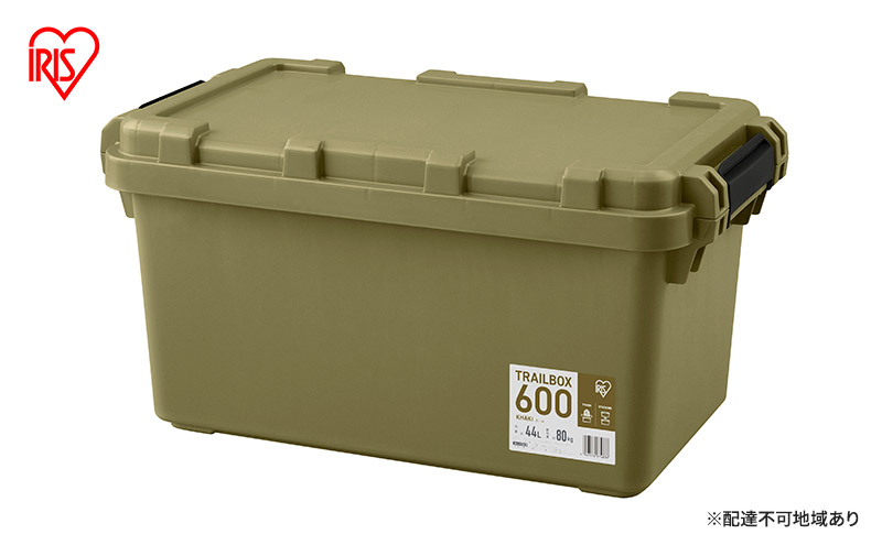 【宮城県大河原町】収納ボックス 44L 収納ケース TRAILBOX600 TRB-600 カーキ アイリスオーヤマ コンテナボックス 蓋付き ストッカー バックル付き アウトドア キャンプ レジャー 車用 ボックス 工具 屋外 防災 雑貨 日用品 備蓄用
