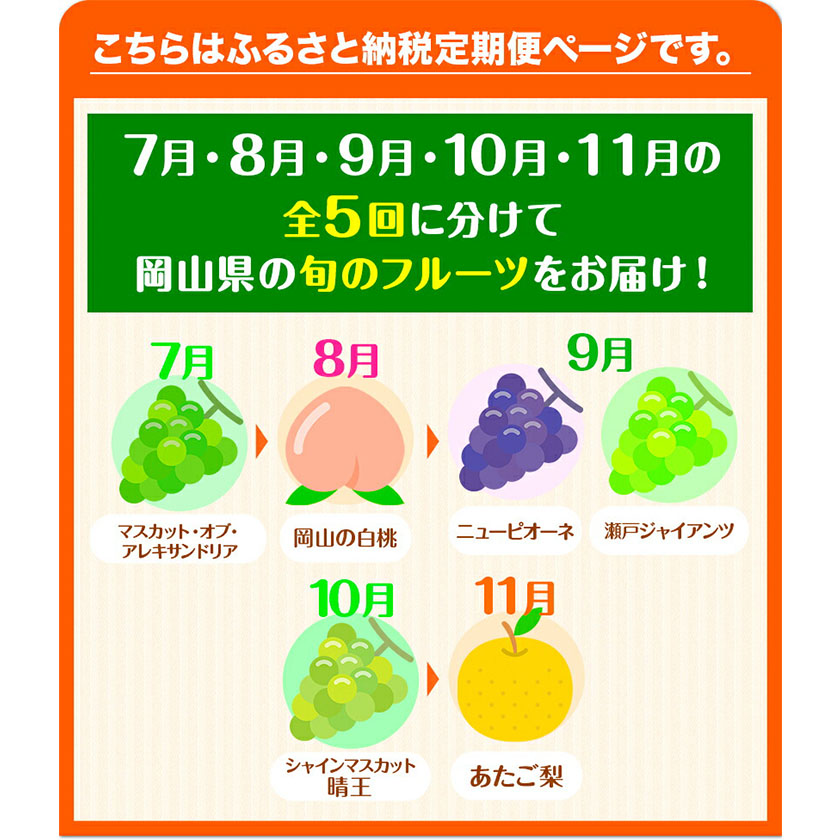 岡山県浅口市のふるさと納税 【2025年先行予約】定期便5回コース マスカット・オブ・アレキサンドリア 1房 岡山の白桃 6玉 ニューピオーネ 1房 瀬戸ジャイアンツ 1房 シャインマスカット 晴王 2房 あたご梨 2玉 株式会社山博(中本青果) 《2025年7月上旬-11月下旬頃出荷》岡山県 浅口市　【配送不可地域あり】