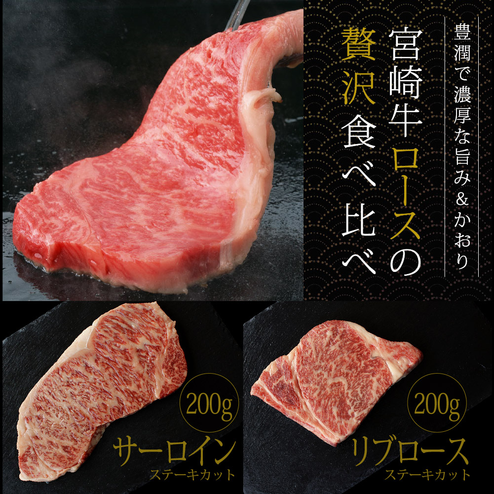 宮崎県串間市のふるさと納税 KU042 ＜宮崎牛＞2種の食べ比べ！サーロイン200ｇ・リブロース200ｇ（計400g）美味しい牛肉をご家庭で