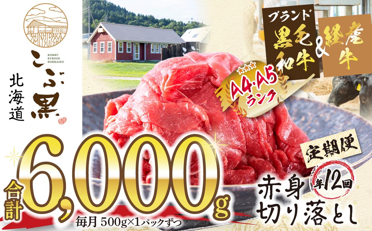 【北海道新ひだか町】< 定期便 12回 > 北海道産 黒毛和牛 こぶ黒 赤身 切り落とし 500g (全 6kg ) 毎月 届く 牛肉 ブランド 和牛 訳あり 不揃い 牛 ビーフ