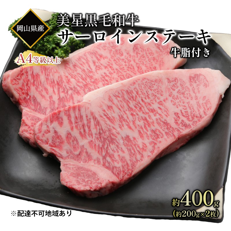 【岡山県玉野市】黒毛和牛 サーロインステーキ 約400g (約200g×2パック)A4等級 以上 牛脂付き サーロイン 美星牛 美星牧場 岡山