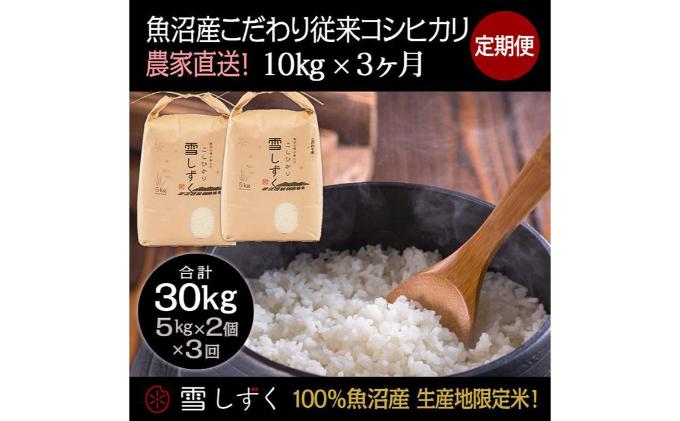 【令和6年産】定期便！魚沼産こだわり従来コシヒカリ【合計30kg】毎月10kg×3回