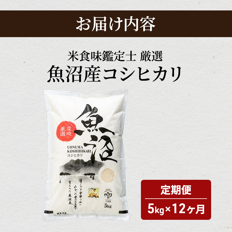 新潟県魚沼市のふるさと納税 頒布 無洗米 米食味鑑定士 厳選 魚沼産 コシヒカリ 5kg 12ヶ月 連続お届け ( 米 定期便 お米 こめ コメ おこめ 白米 こしひかり 12回 60kg お楽しみ )