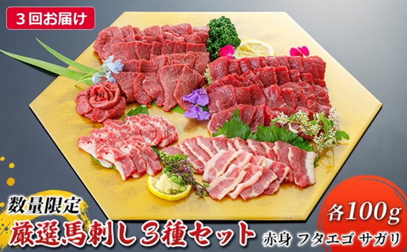 定期便 3ヶ月 馬刺し 赤身 フタエゴ サガリ 3種 計300g 各100g 馬肉 馬 肉 熊本 3回 お楽しみ