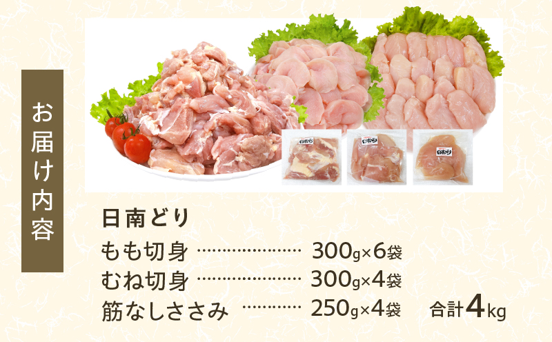 宮崎県日南市のふるさと納税 日南どり 3種類 セット 合計4kg 鶏肉 国産 チキン もも むね 切身 筋なしささみ 小分け 便利 食べ比べ おかず お弁当 おつまみ 食品 真空パック 焼肉 万能食材 からあげ サラダ お取り寄せ グルメ おすすめ ご褒美 記念日 お祝い 日南市 宮崎県 送料無料_DB25-24