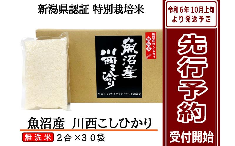 【先行予約】【無洗米】魚沼産川西こしひかり2合×30袋 新潟県認証特別栽培米 令和6年度米＜令和6年10月上旬～発送予定＞