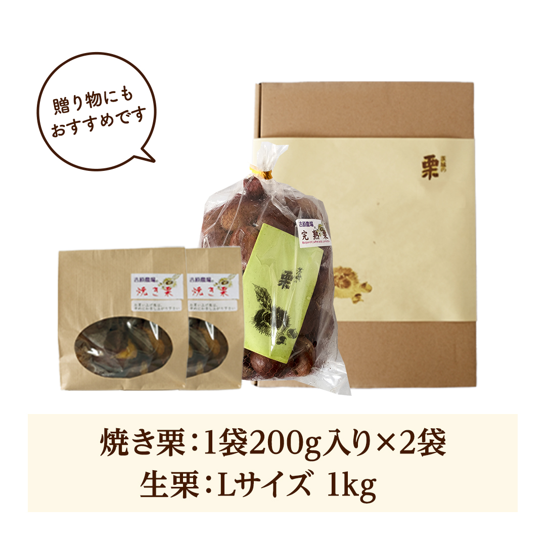 【 吉原農場 の 完熟栗 】 熟成 生栗 1kg Lサイズ ・ 焼き栗 2袋 セット 完熟 栗 くり クリ 栗ごはん 贈答 ギフト 果物 フルーツ  数量限定 旬 秋 冬 正月 おせち [CX006ci]|吉原農場