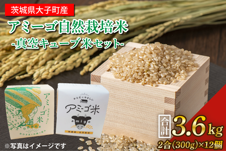 アミーゴ自然栽培米（5年目)  玄米 真空キューブ米 2合(300g)×12個セット 計3.6kg 茨城県 大子町 米(CA007)