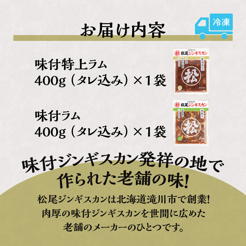 北海道滝川市のふるさと納税 味付けラムセットA　計800g 味付特上ラム 味付ラム 各400g×1 仔羊 ラム ジンギスカン 赤身 肩肉 特上 味付 食べ比べ セット