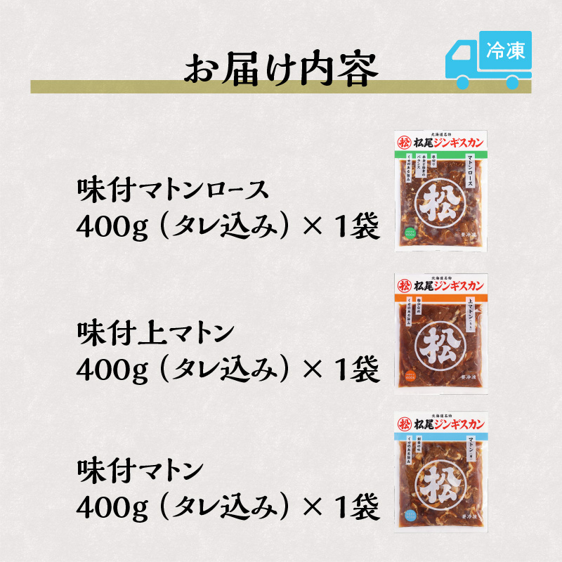 北海道滝川市のふるさと納税 味付けマトンセット 計1.2kg 味付マトンロース 味付上マトン 味付マトン 各400g×1 羊 ラム ジンギスカン ロース 肩肉 もも肉 セット 詰合せ