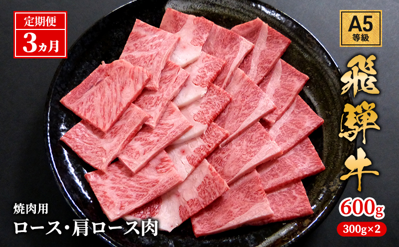 【定期便3ヶ月】牛肉 飛騨牛 焼き肉 セット ロース 又は 肩ロース 600g 黒毛和牛 Ａ5 美味しい お肉 牛 肉 和牛 焼肉 BBQ バーベキュー 【岐阜県池田町】