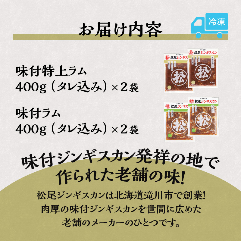 北海道滝川市のふるさと納税 ラム食べ比べセットA 計1.6kg 味付特上ラム 味付ラム 各400g×2 仔羊 ラム ジンギスカン 味付 肩肉 特上 食べ比べ セット 詰合