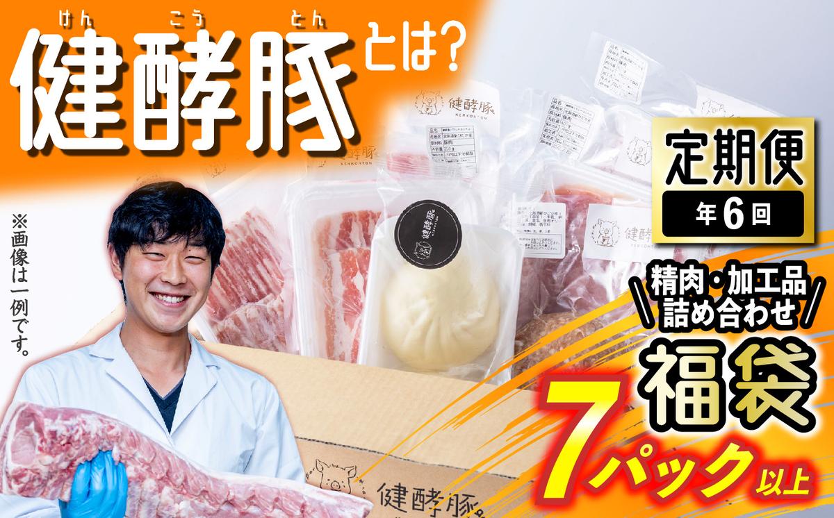 【北海道新ひだか町】< 定期便 6回 > 北海道産 健酵豚 お楽しみ 福袋 ( 加工品 あり) 隔月 各 7パック以上 豚肉 精肉 加工品 セット 詰め合わせ ブランドポーク