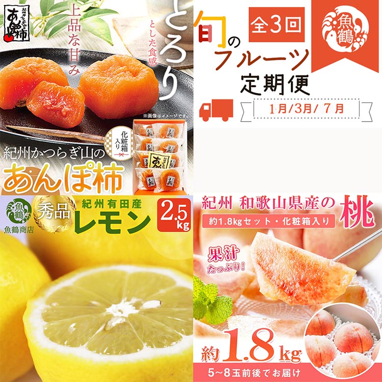 【和歌山県美浜町】〈定期便〉【1・3・7月 全3回】紀州和歌山産旬のフルーツセット(あんぽ柿・レモン・桃) ※離島への配送不可