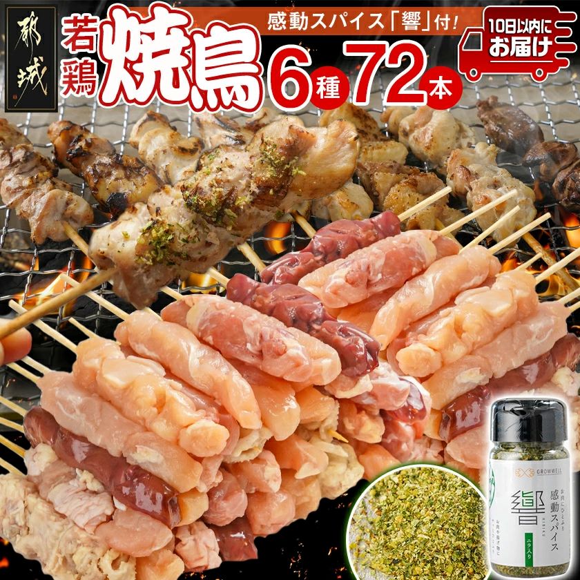 串打ち職人の若鶏焼鳥6種盛(72本)&感動スパイス響!付き≪みやこんじょ特急便≫_17-1406-Q