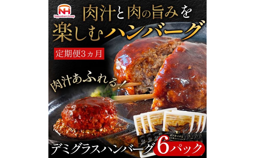 【茨城県常総市】【定期便】肉汁あふれるデミグラスハンバーグ6個入 3ヶ月定期便  日ハム 冷凍 個食 使い切り