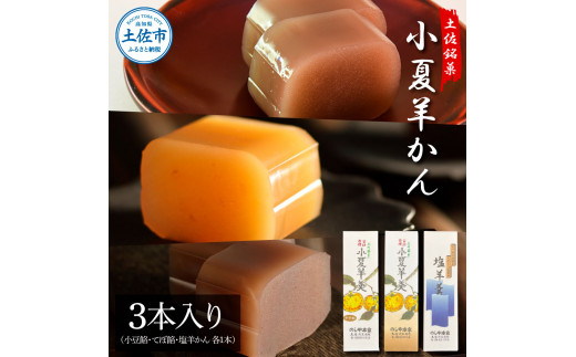 【高知県土佐市】小夏羊かん 3本入り(小豆餡・てぼ餡・塩羊かん 各1本)羊羹 ようかん 和菓子 お菓子 おかし おやつ スイーツ こなつ あずき しお 土佐銘菓 プレゼント 贈答 手土産 食品 お取り寄せ
