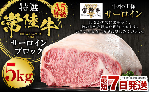 【茨城県守谷市】【特選】常陸牛(ひたちぎゅう)A5等級 サーロインブロック 5kg(茨城県共通返礼品 茨城県産)