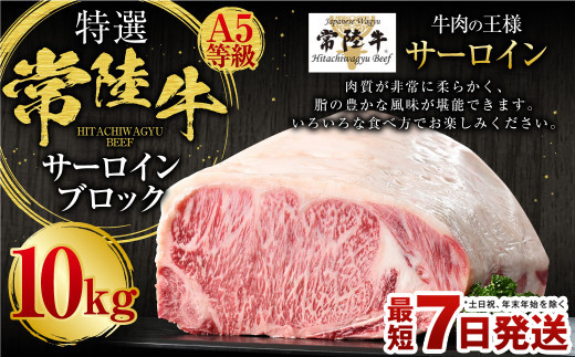 【茨城県守谷市】【特選】常陸牛(ひたちぎゅう)A5等級 サーロインブロック 10kg(茨城県共通返礼品 茨城県産)
