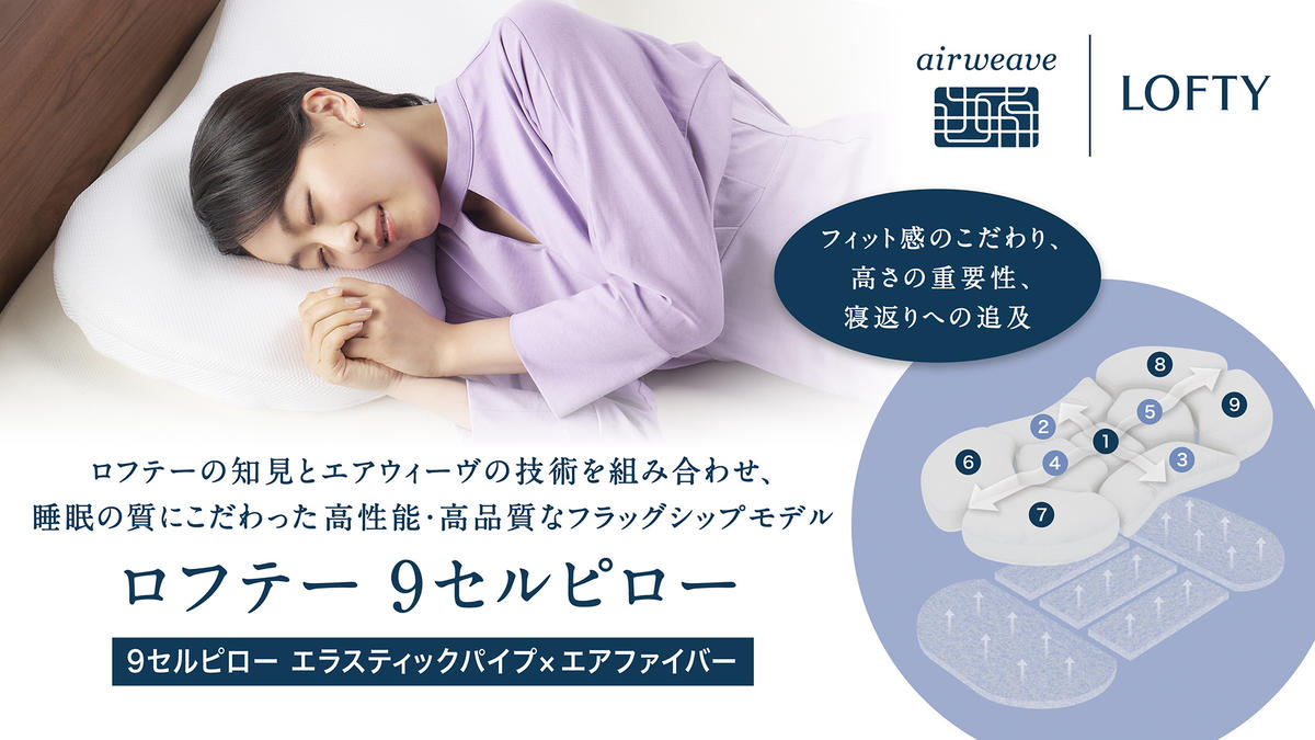 【兵庫県西脇市】(エアウィーヴ グループ)ロフテー「9セルピロー エラスティックパイプ×エアファイバー(登録商標)」(165-13)