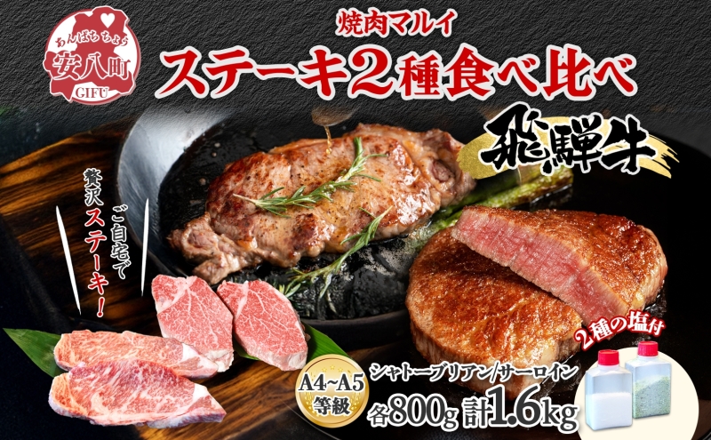 【岐阜県安八町】飛騨牛 ステーキ 2種 食べ比べ 計約1.6kg シャトーブリアン サーロイン 各約800g 肉 牛肉 和牛 ブランド牛 お肉 ビーフ A4ランク A5ランク 国産 お取り寄せ ご褒美 豪華 グルメ 焼肉 BBQ 人気 贈り物 自家用 贈答用 送料無料 焼肉マルイ 岐阜県 安八町